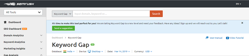 Semrush Keyword Gap Tool