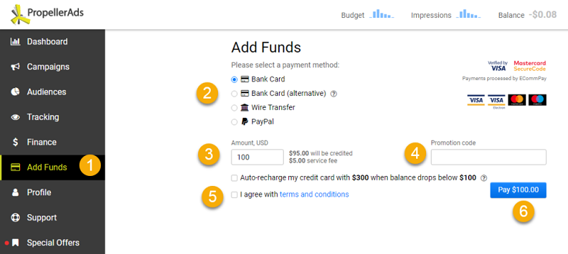 Add Funds in Propeller Ads Account