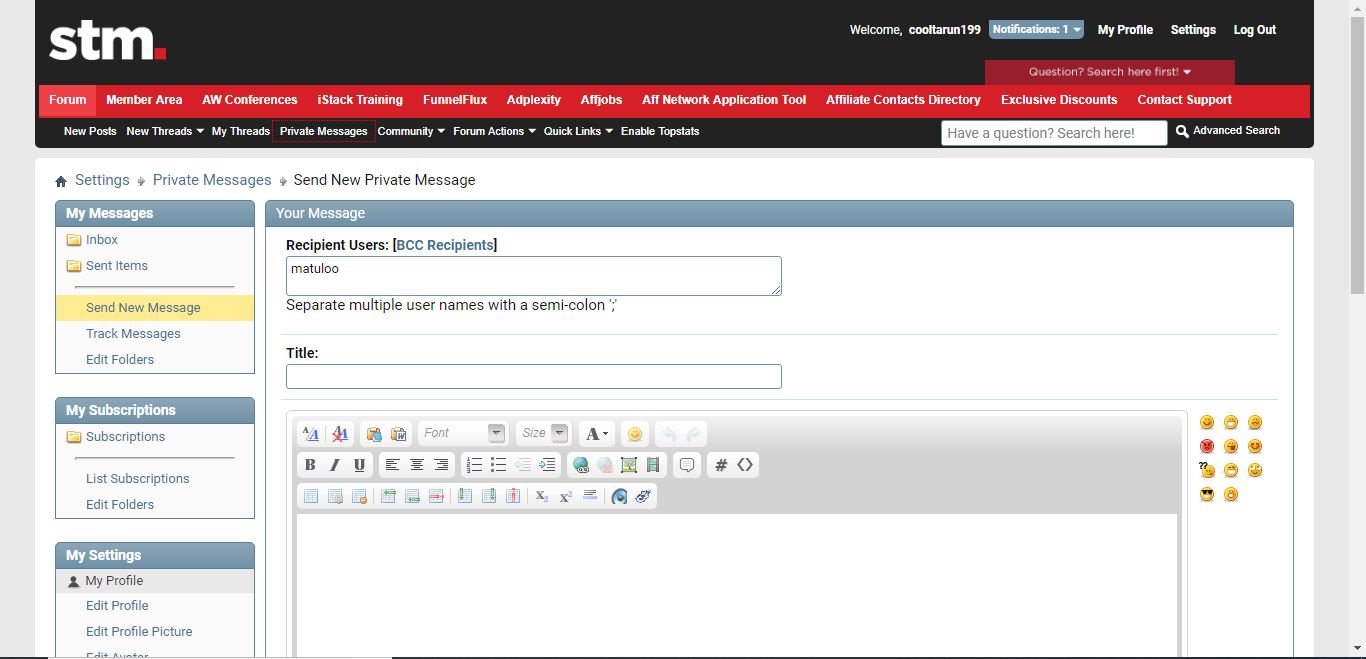 Screen short of STM forum highlight send new message