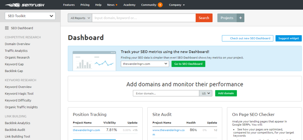 semrush dashboard