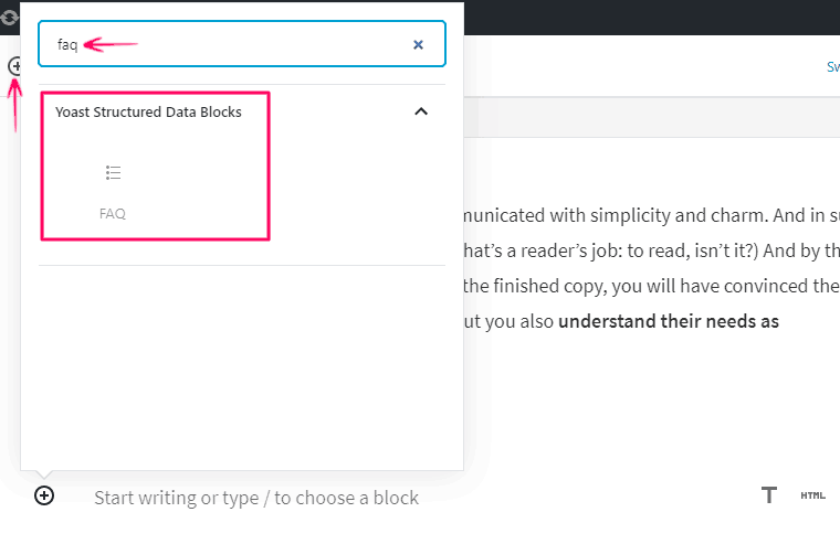 Add yoast FAQ Gutenberg WordPress