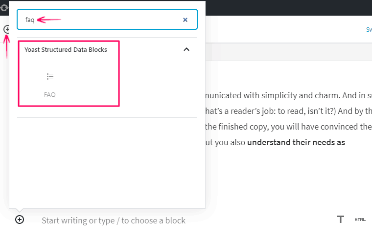 Add yoast FAQ Gutenberg WordPress 