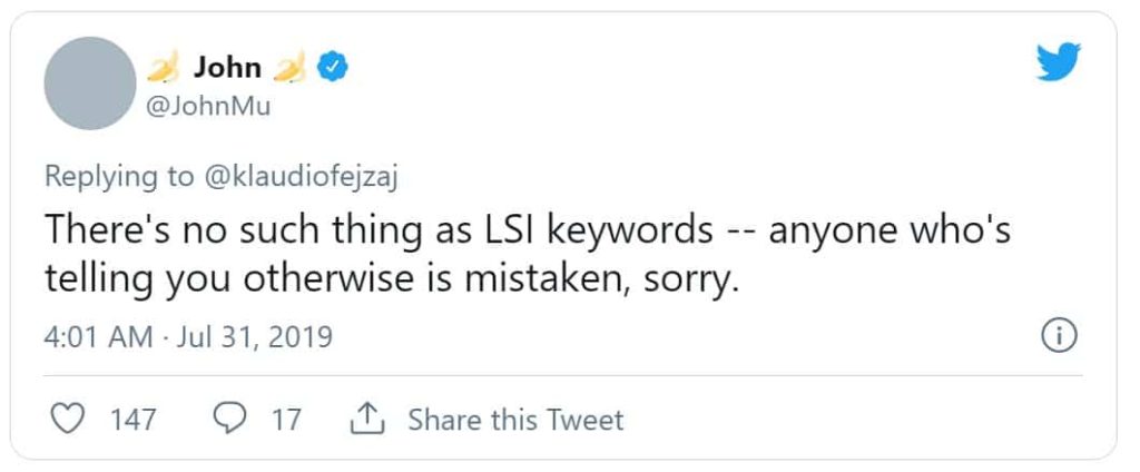 John Mueller Tweet on LSI Keywords