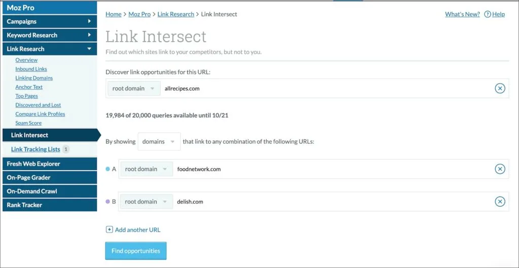 Screen short for Moz link intersect