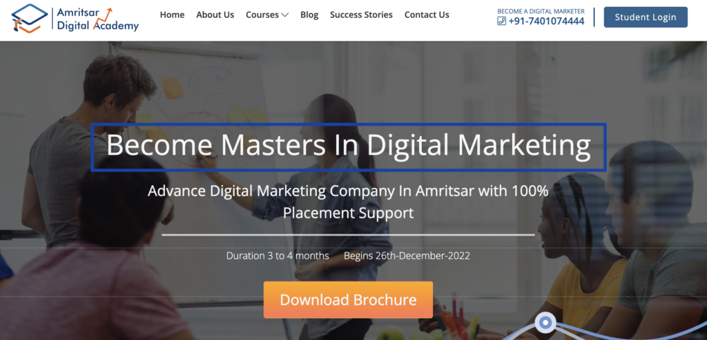 Screen short from Amritsar digital academy Home page highlight headline become masters in digital marketing