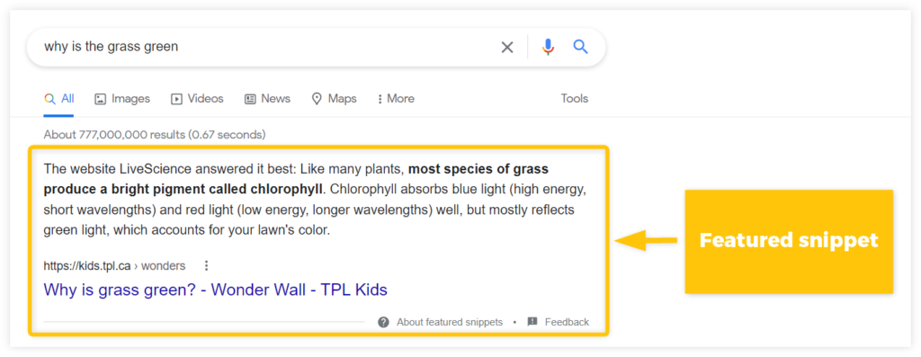 Screen short from 2 Search Engine Result Page Highligh featured snippet