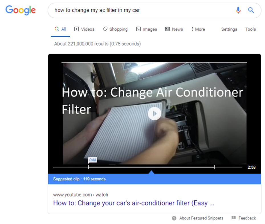 Screen short from 5 Search Engine Result Page Highligh Video featured snippet