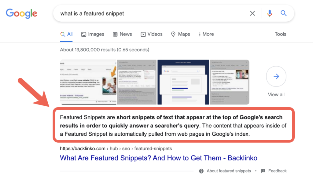 Screen short from 1 Search Engine Result Page Highligh featured snippet