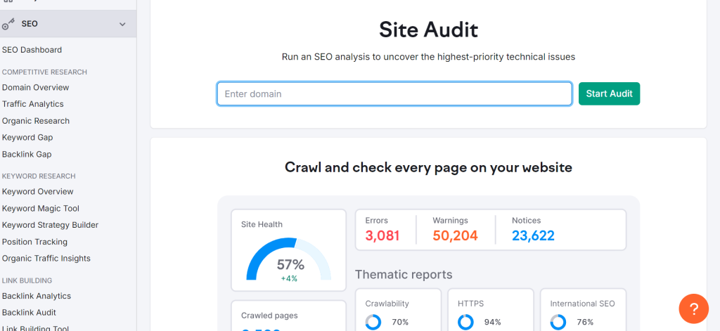 Screen short of Site Audit tool dashboard semrush